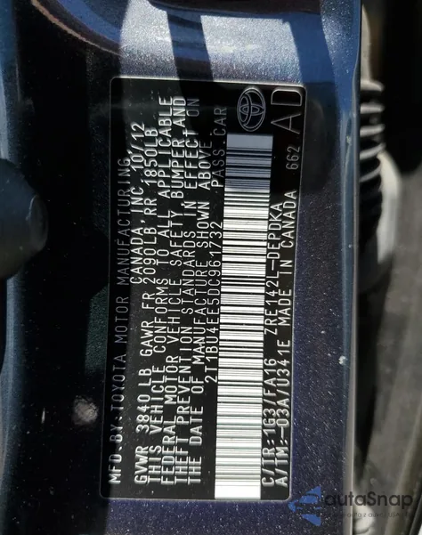 2013 Toyota Corolla Base from USA, damaged, VIN 2T1BU4EE5DC961732